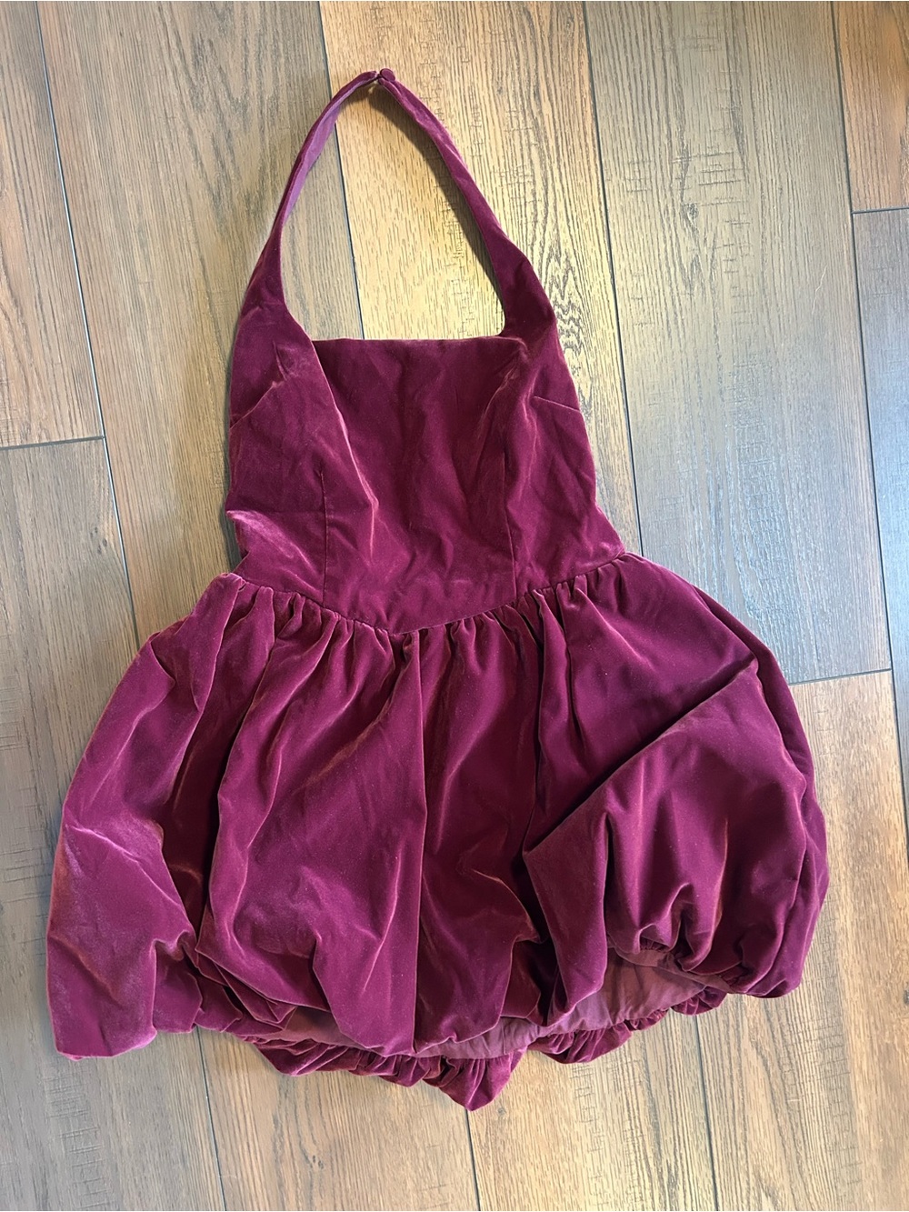 Maroon Velvet Halter Mini Dress with Voluminous Bubble Hem Silhouette - Picture 2 of 6